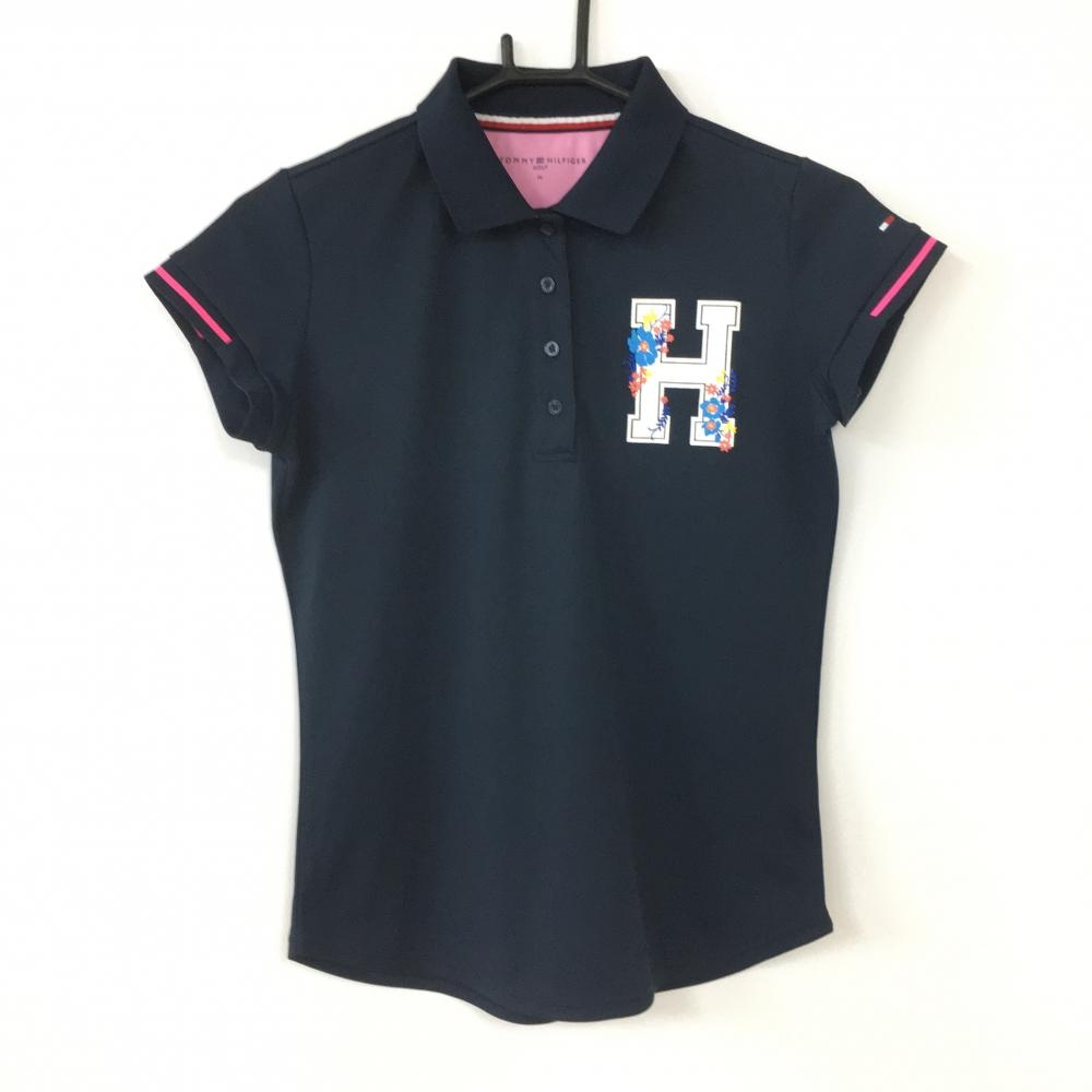 Tommy Hilfiger Golf トミーヒルフィガーゴルフ 半袖ポロシャツ ダークネイビー×ピンク ビッグプリント レディース M ゴルフウェア