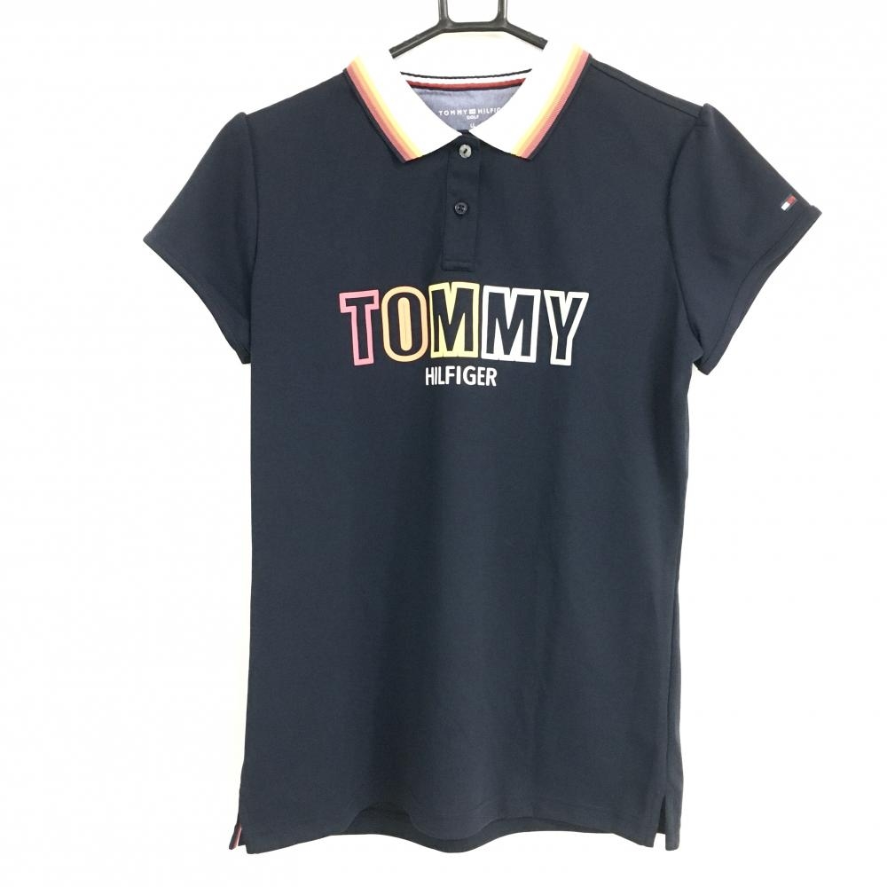 トミーヒルフィガー 半袖ポロシャツ ネイビー×白 フロントロゴ  レディース LL ゴルフウェア Tommy Hilfiger Golf