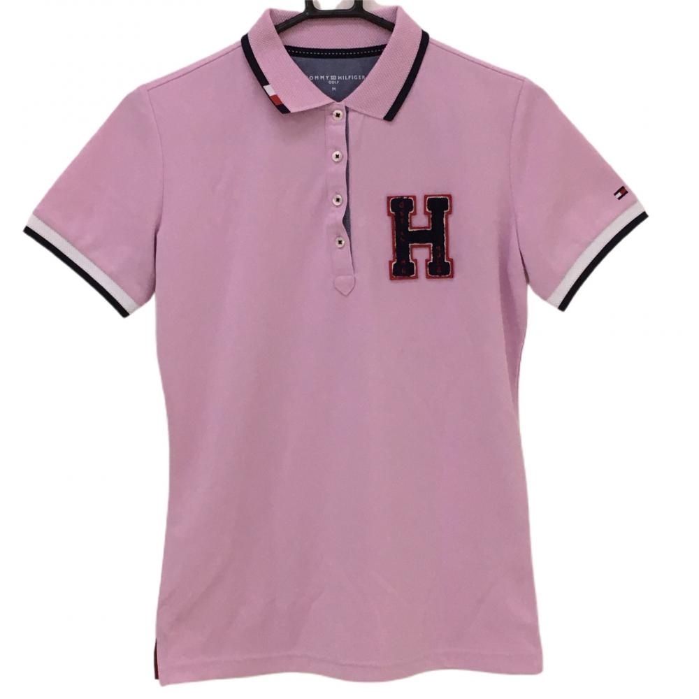 【超美品】トミーヒルフィガー 半袖ポロシャツ ピンク×ネイビー ロゴワッペン  レディース M ゴルフウェア Tommy Hilfiger Golf