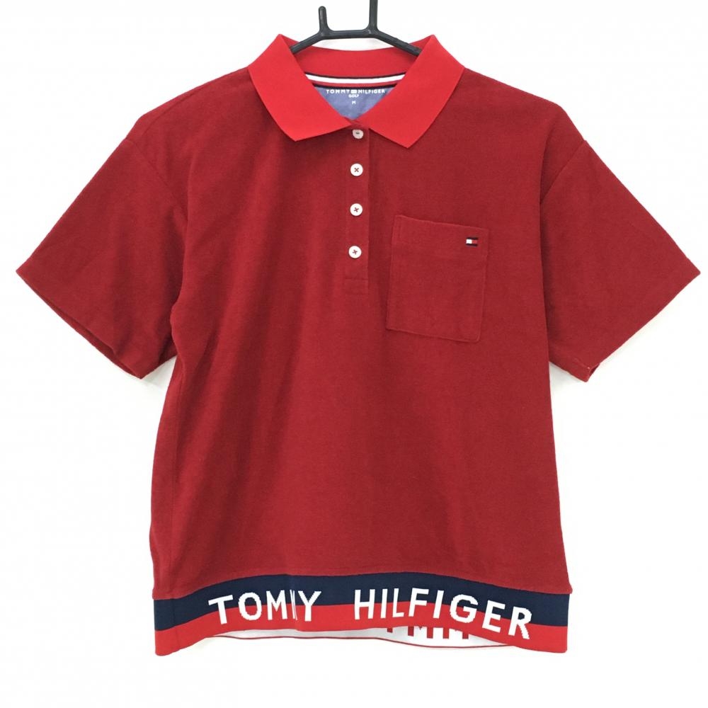 【超美品】トミーヒルフィガー 半袖ポロシャツ レッド パイル地 裾ロゴ  レディース M ゴルフウェア Tommy Hilfiger Golf