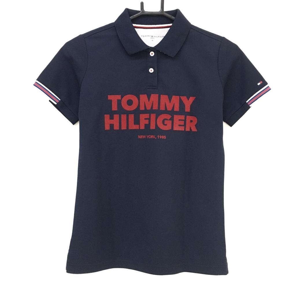【美品】トミーヒルフィガー 半袖ポロシャツ ネイビー×レッド フロッキープリント  レディース M ゴルフウェア Tommy Hilfiger Golf