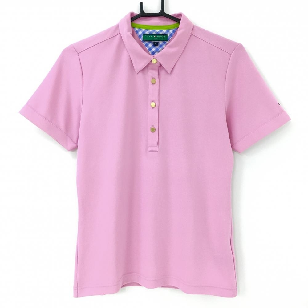 【超美品】トミーヒルフィガー 半袖ポロシャツ ピンク 袖ロゴ刺しゅう 内側一部チェック柄 レディース M ゴルフウェア Tommy Hilfiger Golf