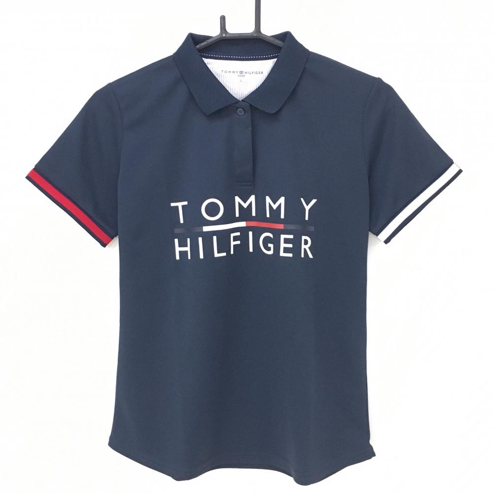【超美品】トミーヒルフィガーゴルフ 半袖ポロシャツ ネイビー×白 フロントロゴ  レディース L ゴルフウェア Tommy Hilfiger Golf