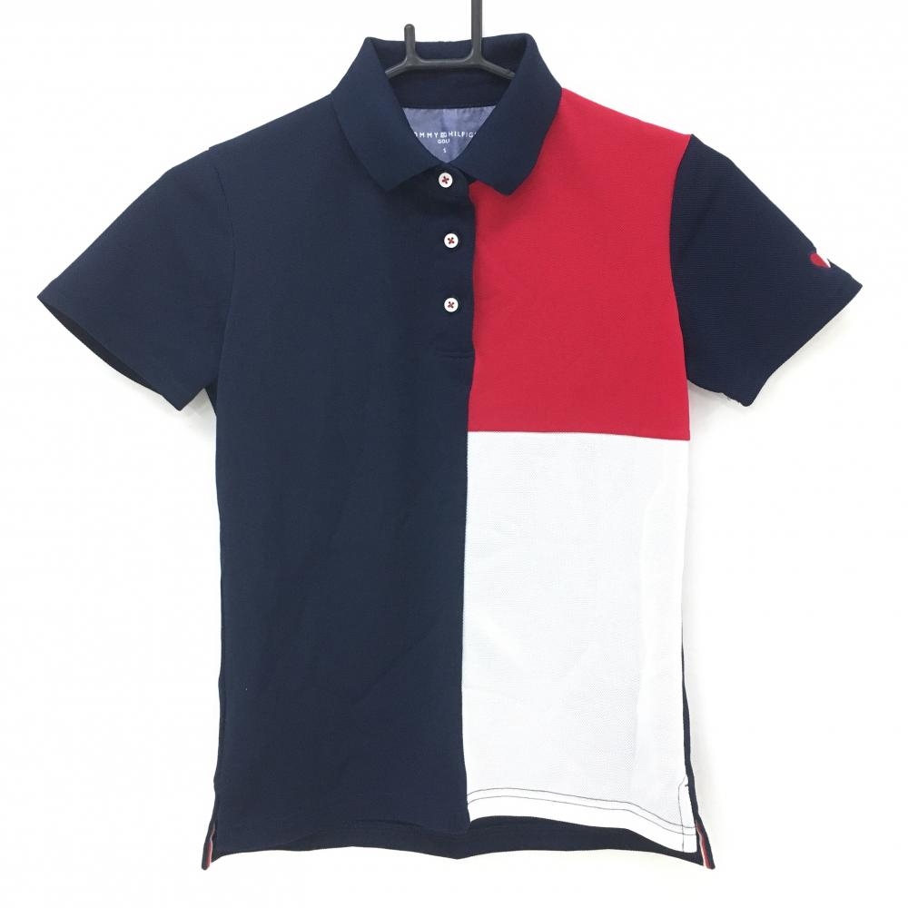 【超美品】トミーヒルフィガーゴルフ 半袖ポロシャツ ネイビー×レッド トリコロール レディース S ゴルフウェア Tommy Hilfiger Golf