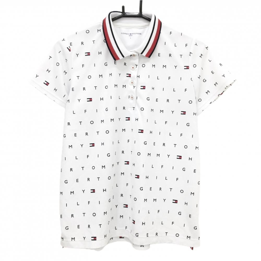 トミーヒルフィガー 半袖ポロシャツ 白×ネイビー ロゴ総柄 レディース L ゴルフウェア Tommy Hilfiger Golf