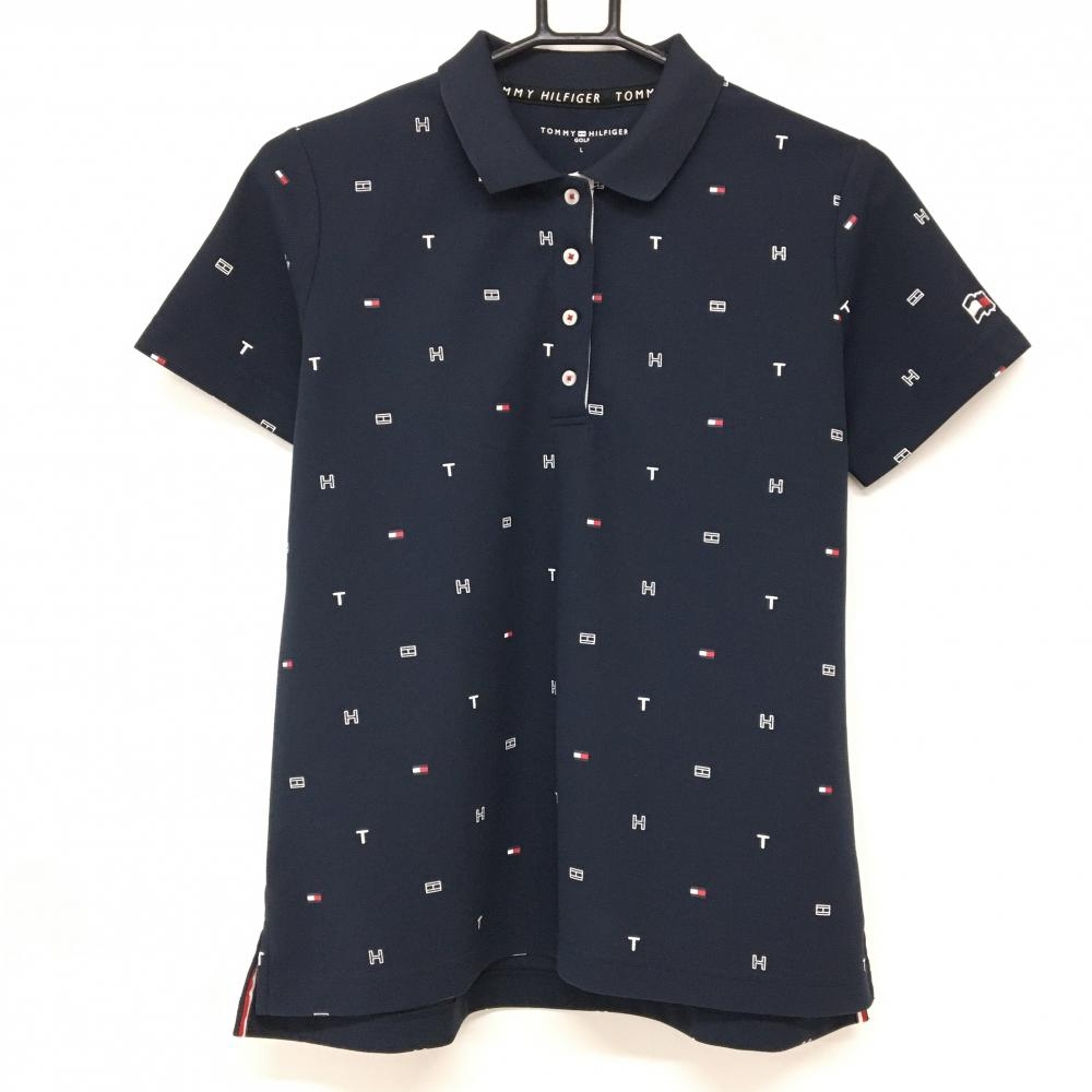 【超美品】トミーヒルフィガー 半袖ポロシャツ ネイビー×白 ロゴ総柄  レディース L ゴルフウェア Tommy Hilfiger Golf