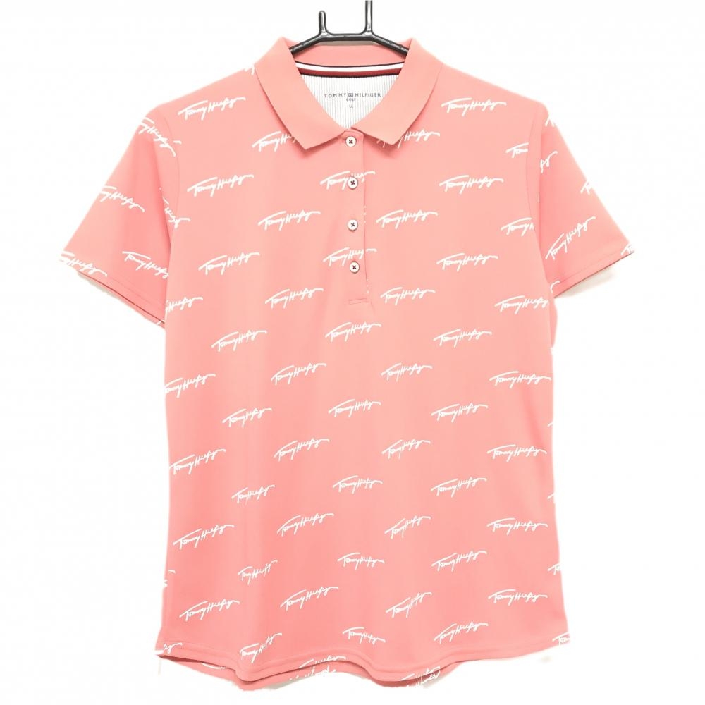 【超美品】トミーヒルフィガー 半袖ポロシャツ ピンク×白 ロゴ総柄  レディース LL ゴルフウェア Tommy Hilfiger Golf