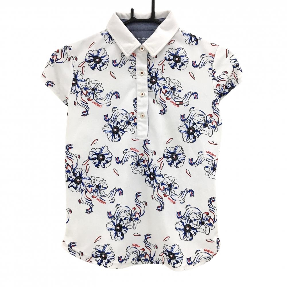 【美品】トミーヒルフィガー 半袖ポロシャツ 白×ブルー×レッド 花柄 レディース S ゴルフウェア Tommy Hilfiger Golf
