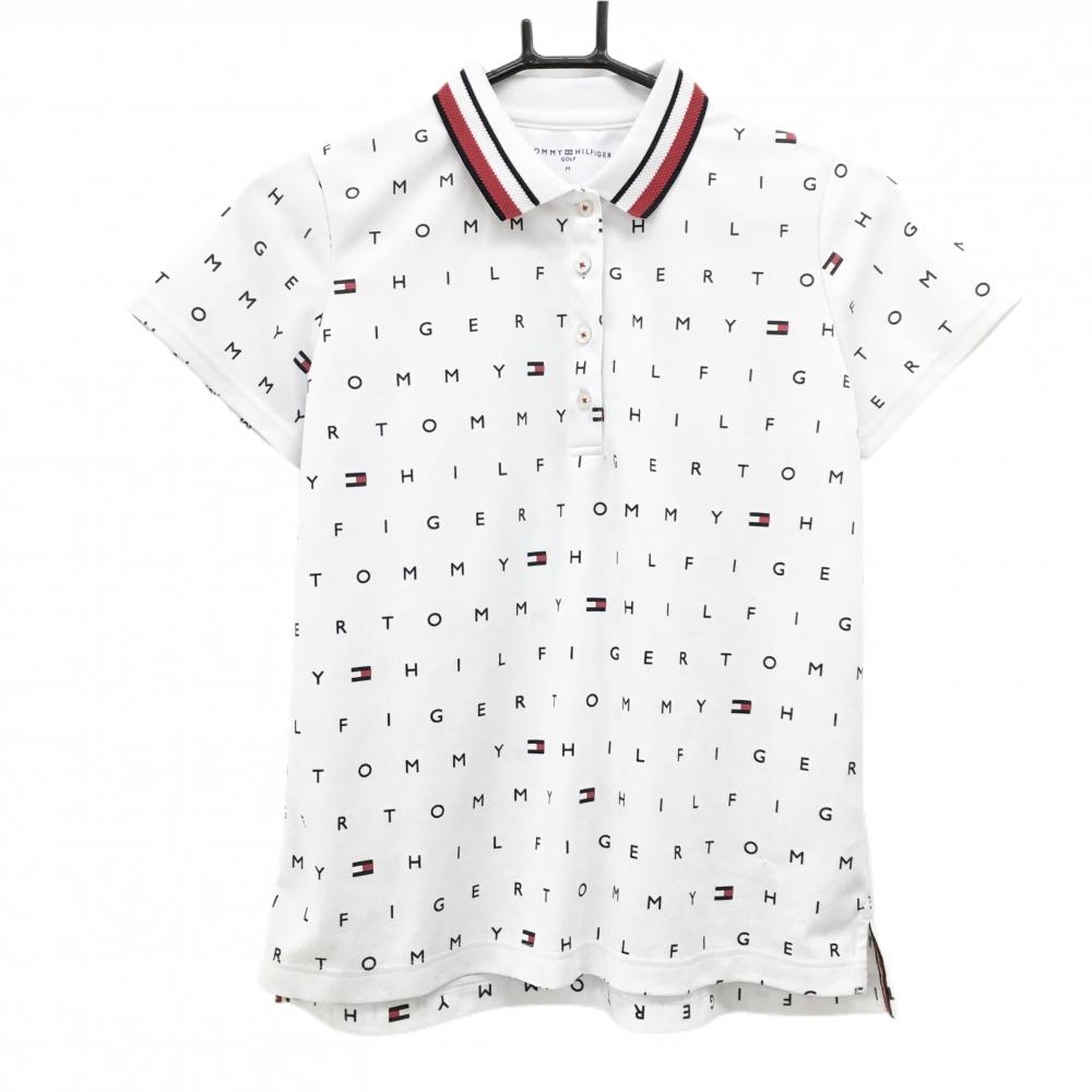 トミーヒルフィガー 半袖ポロシャツ 白×ネイビー ロゴ総柄 レディース M ゴルフウェア Tommy Hilfiger Golf