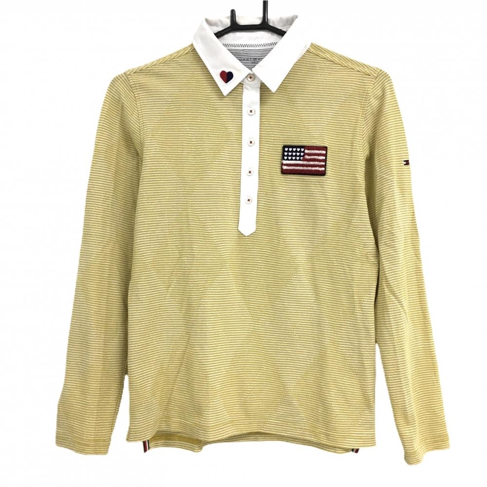 トミーヒルフィガー 長袖ポロシャツ マスタードイエロー×白 ボーダー ダイヤ柄地模様  レディース L ゴルフウェア Tommy Hilfiger Golf
