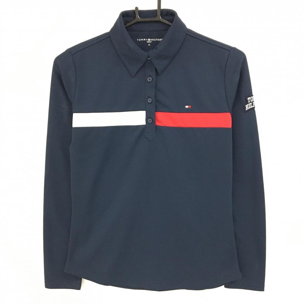 トミーヒルフィガーゴルフ 長袖ポロシャツ ネイビー×レッド 胸元ライン 袖ワッペン レディース M ゴルフウェア Tommy Hilfiger Golf