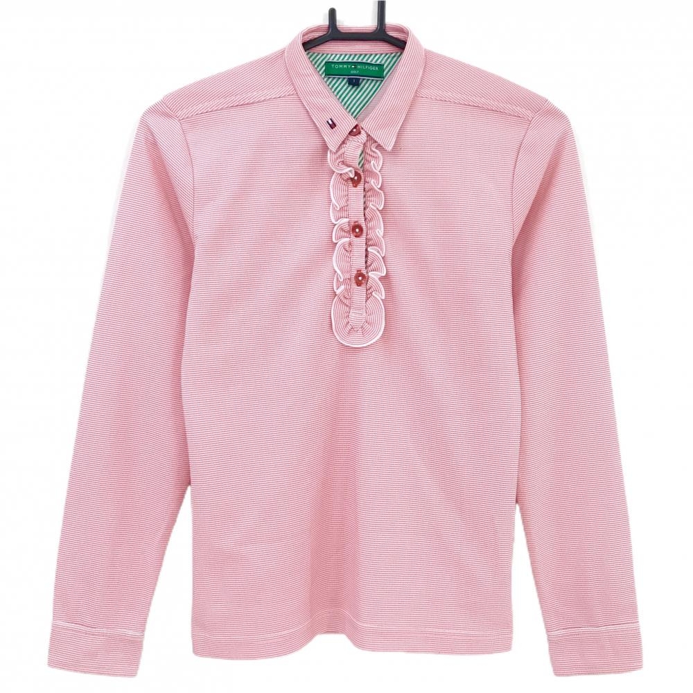 【美品】トミーヒルフィガーゴルフ 長袖ポロシャツ ピンク系×白 前立てフリル 襟ロゴ  レディース S ゴルフウェア Tommy Hilfiger Golf