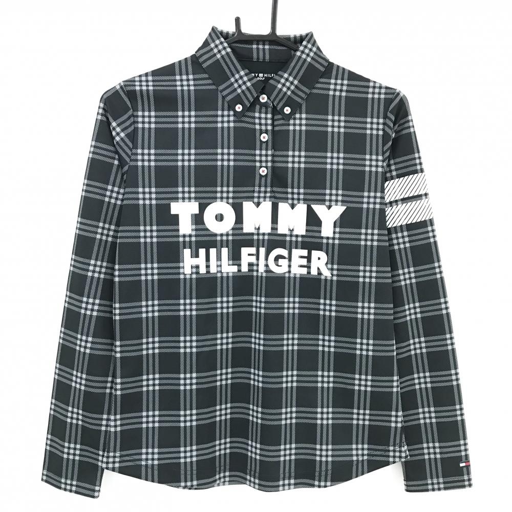 【美品】トミーヒルフィガーゴルフ 長袖ポロシャツ 黒×グレー チェック ボタンダウン レディース M ゴルフウェア Tommy Hilfiger Golf
