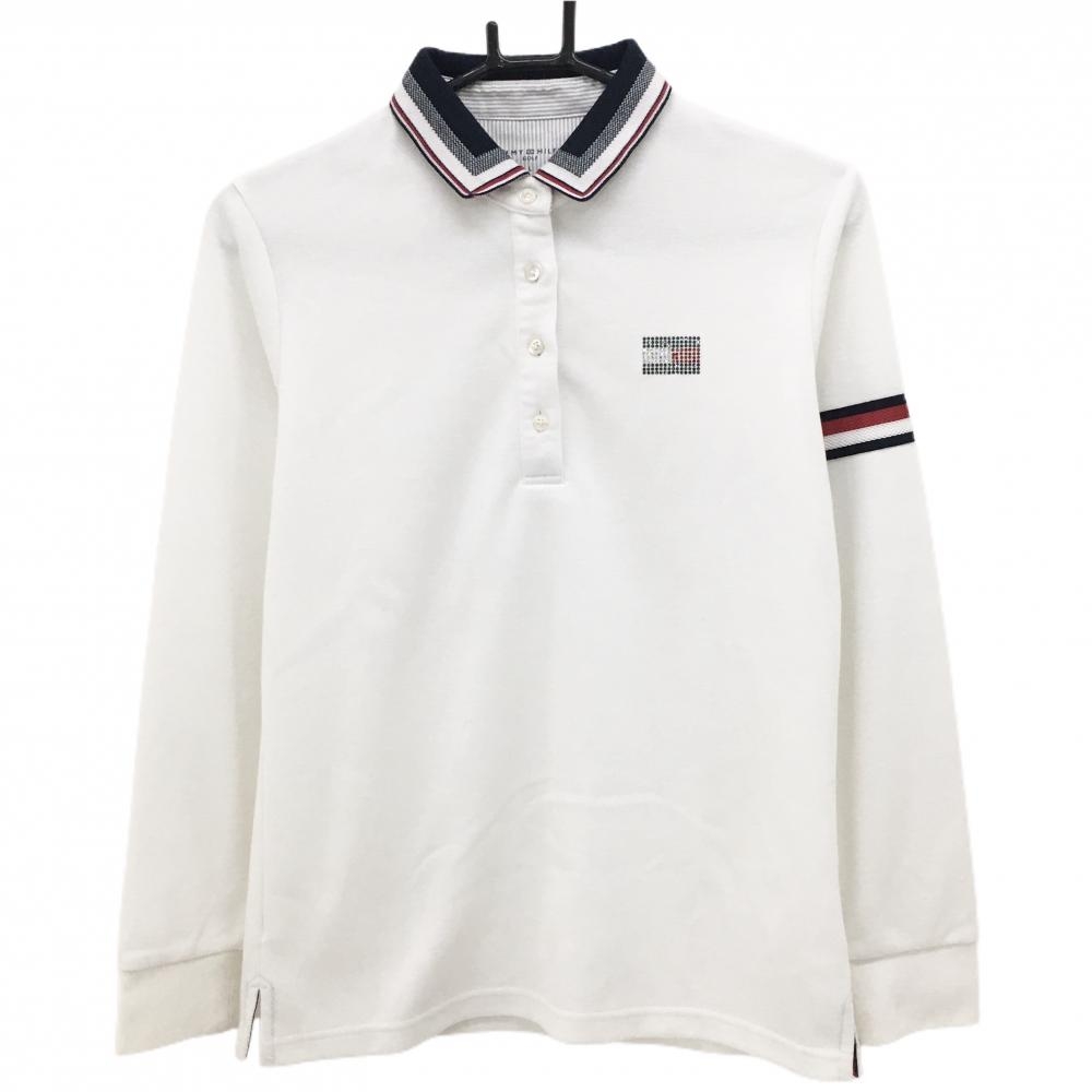 トミーヒルフィガーゴルフ 長袖ポロシャツ 白×ネイビー 胸元ラインストーン 袖ライン レディース L ゴルフウェア Tommy Hilfiger Golf