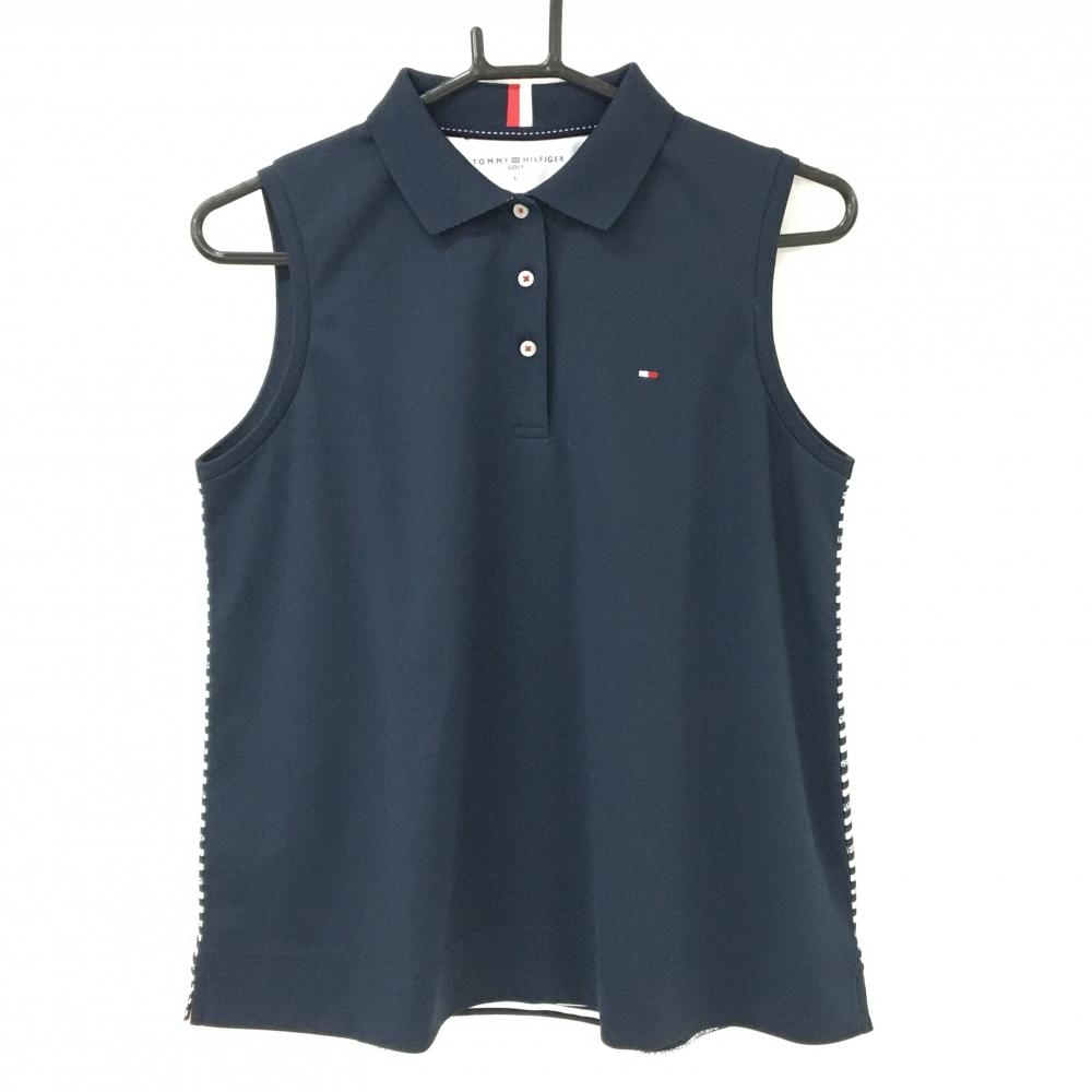 【美品】トミーヒルフィガーゴルフ ノースリーブポロシャツ ネイビー×白 後ろボーダー レディース L ゴルフウェア Tommy Hilfiger Golf