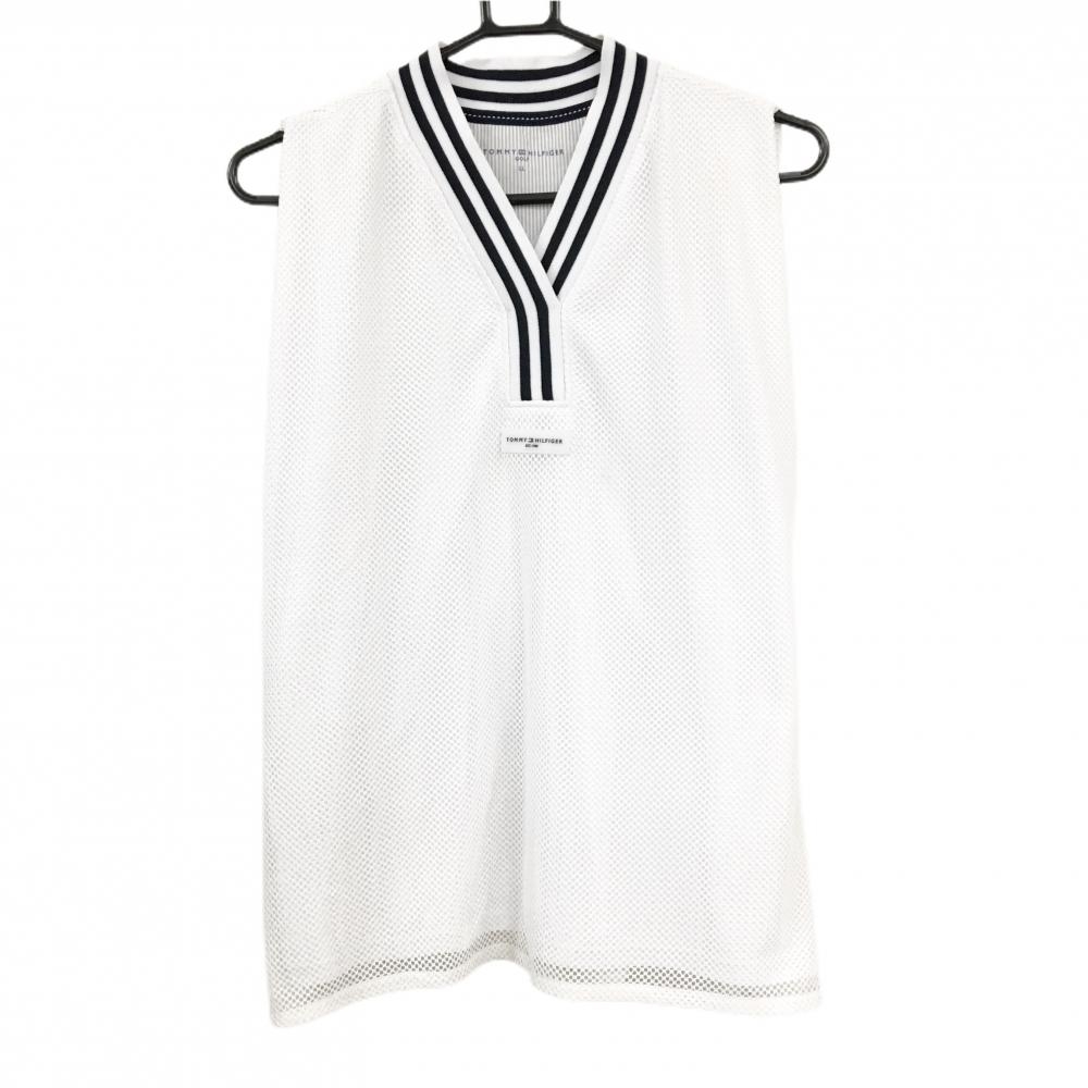 トミーヒルフィガー ノースリーブシャツ 白×ネイビー メッシュ Vネック レディース LL ゴルフウェア 2024年モデル Tommy Hilfiger Golf