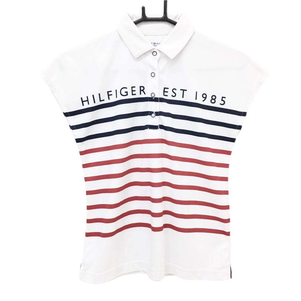 トミーヒルフィガーゴルフ ノースリーブポロシャツ 白×ネイビー 一部ボーダー レディース S ゴルフウェア Tommy Hilfiger Golf