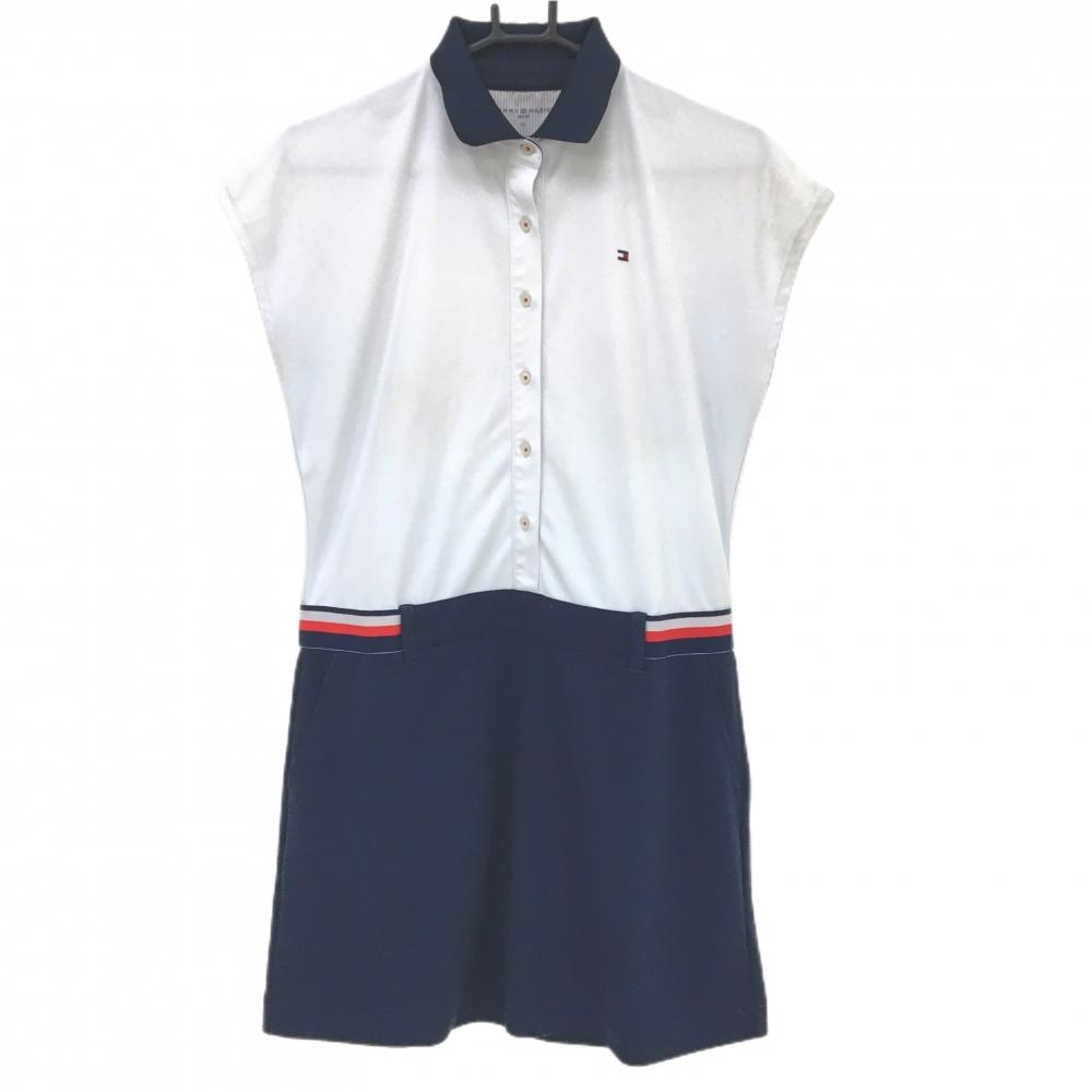 トミーヒルフィガーゴルフ 半袖ポロワンピース 白×ネイビー 胸ロゴ レディース LL ゴルフウェア Tommy Hilfiger Golf