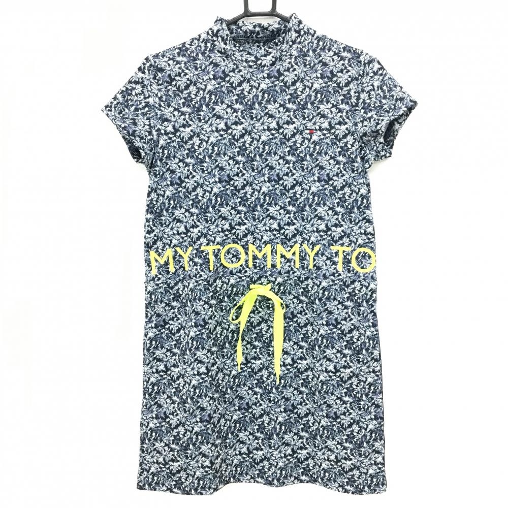 【超美品】トミーヒルフィガー 半袖ハイネックワンピース ネイビー×白 リーフ柄  レディース S ゴルフウェア Tommy Hilfiger Golf