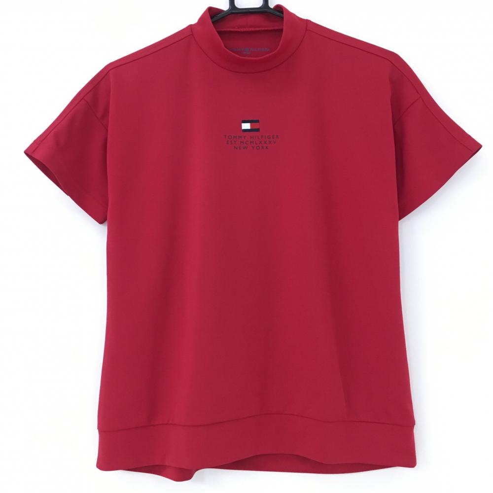 トミーヒルフィガー 半袖ハイネックシャツ レッド×白 背面ビッグロゴ  レディース S ゴルフウェア Tommy Hilfiger Golf