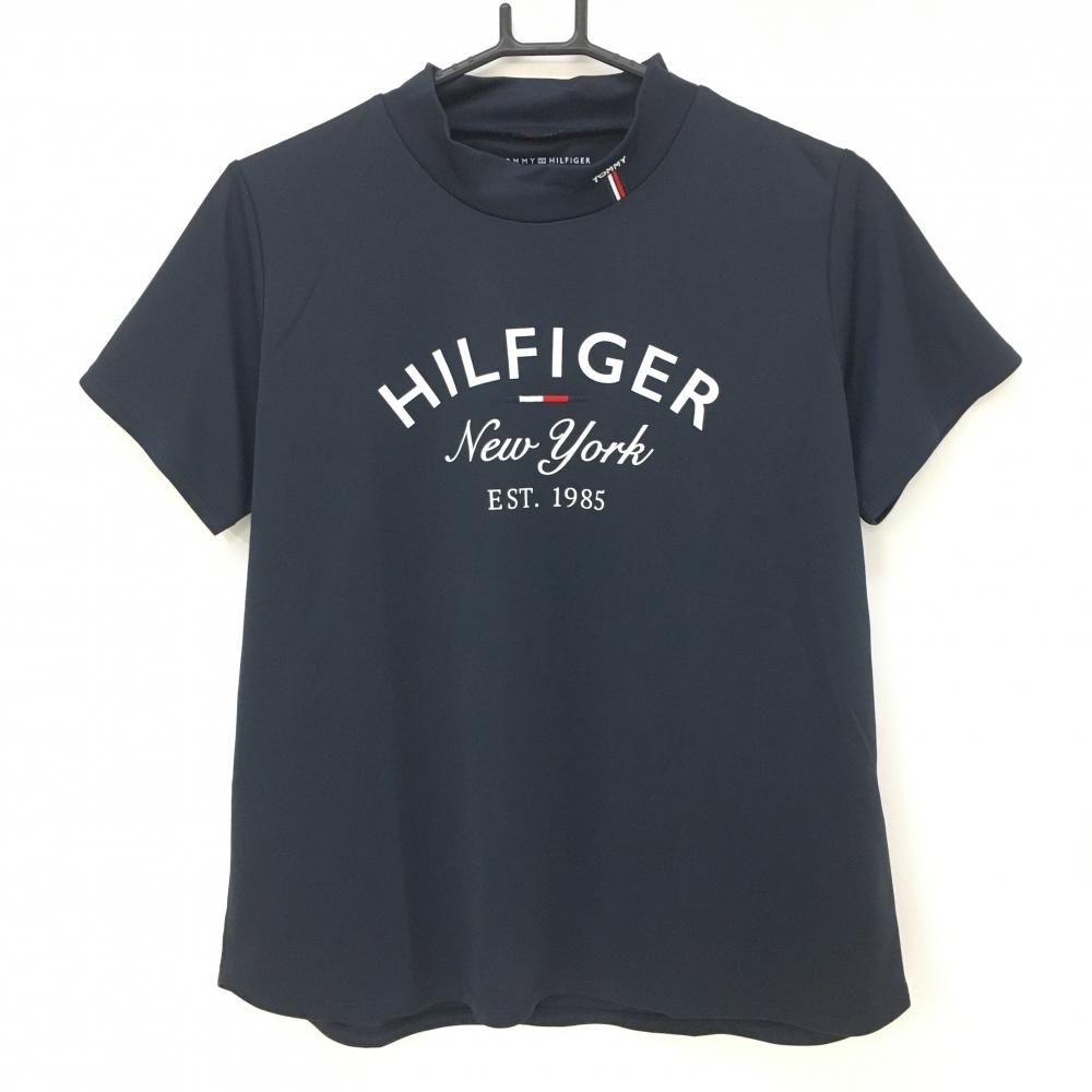 【超美品】トミーヒルフィガー 半袖ハイネックシャツ ネイビー×白 ロゴプリント レディース LL ゴルフウェア Tommy Hilfiger Golf