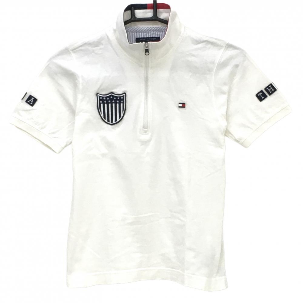 トミーヒルフィガースポーツ 半袖ハイネックシャツ 白×ネイビー 複数ワッペン レディース M ゴルフウェア Tommy Hilfiger Golf
