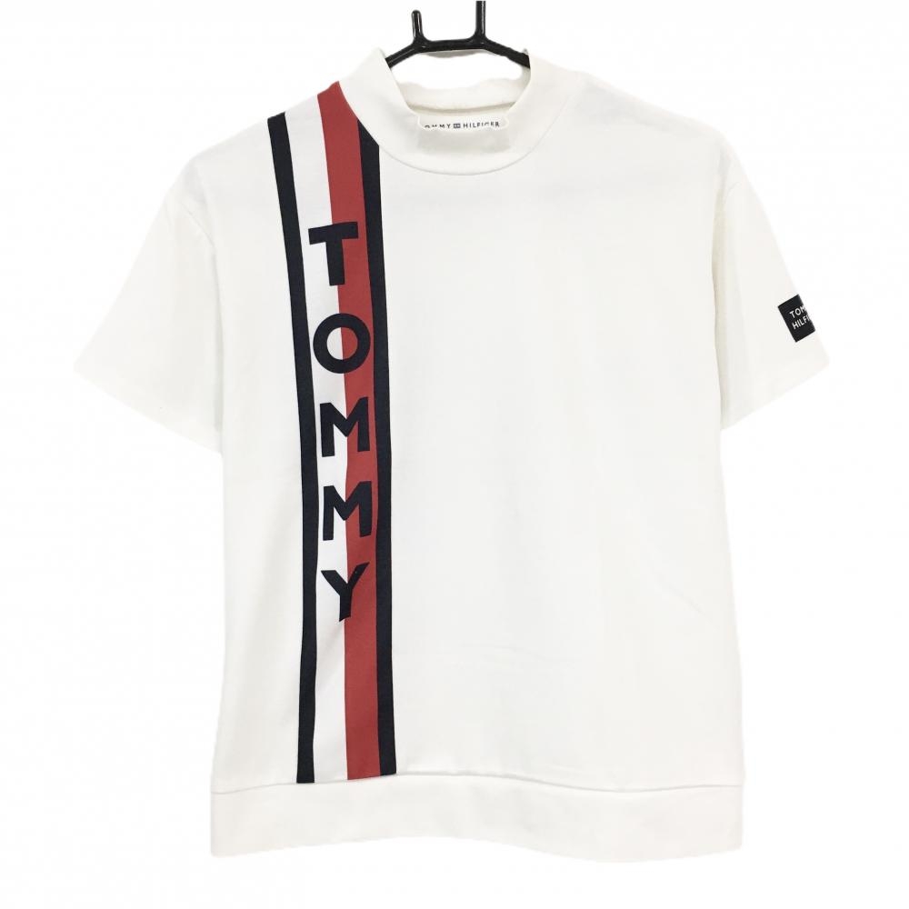 【美品】トミーヒルフィガーゴルフ 半袖ハイネックシャツ 白×ネイビー フロントロゴ レディース S ゴルフウェア Tommy Hilfiger Golf