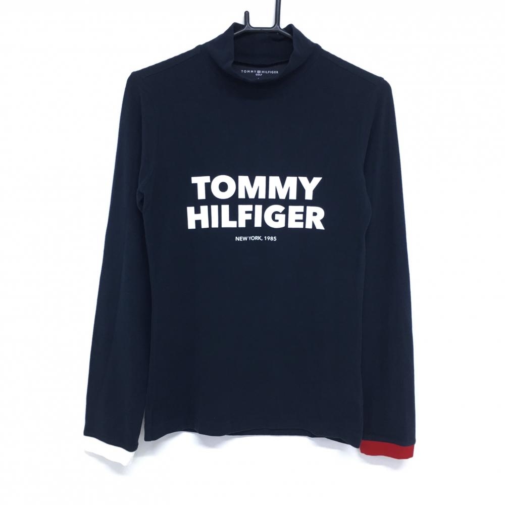 トミーヒルフィガー 長袖ハイネックシャツ ネイビー×白 ロゴプリント 表微起毛 レディース L ゴルフウェア Tommy Hilfiger Golf