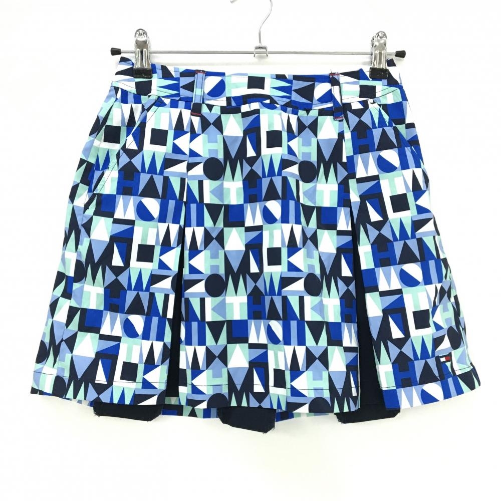 【美品】トミーヒルフィガーゴルフ スカート ブルー×ライトグリーン 英字総柄 裾ロゴ レディース S ゴルフウェア Tommy Hilfiger Golf