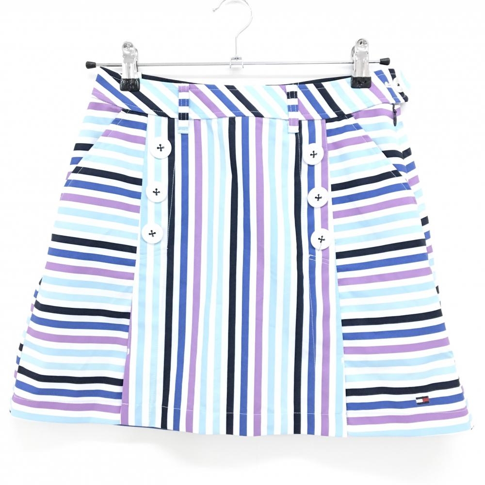 【美品】トミーヒルフィガーゴルフ スカート 白×ライトブルー ストライプ レディース M ゴルフウェア Tommy Hilfiger Golf