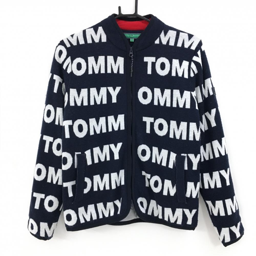 【美品】トミーヒルフィガーゴルフ 中綿ニットジャケット ネイビー×白 ロゴ総柄  レディース S ゴルフウェア Tommy Hilfiger Golf