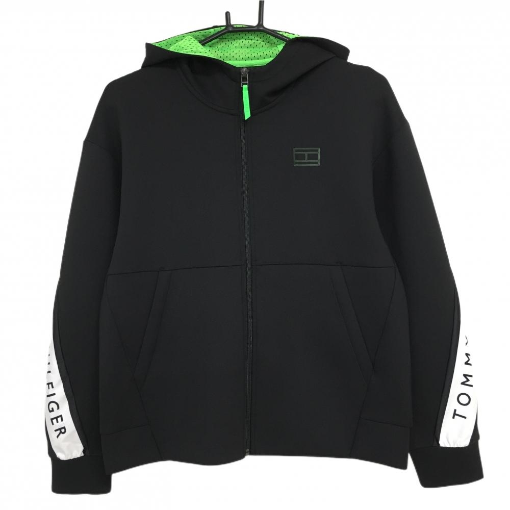 【超美品】トミーヒルフィガー ジップパーカー 黒 フード内側蛍光グリーン ロゴライン レディース L ゴルフウェア Tommy Hilfiger Golf