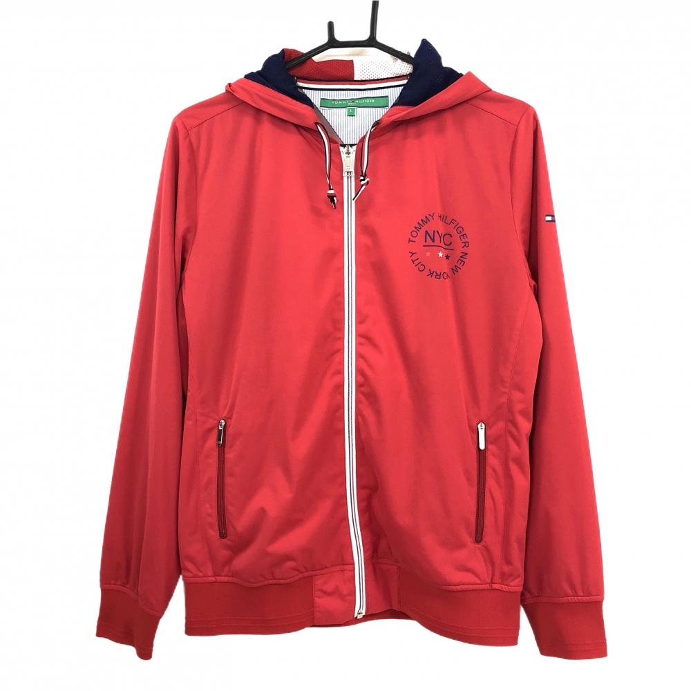 【超美品】トミーヒルフィガー フード付きジャケット レッド×ネイビー ロゴプリント   レディース L ゴルフウェア Tommy Hilfiger Golf