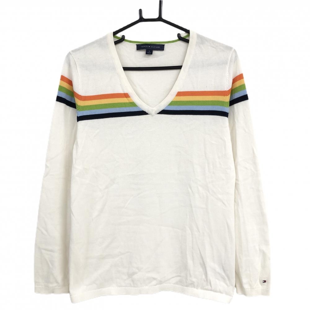 トミーヒルフィガー セーター 白 マルチカラーライン Vネック  レディース M ゴルフウェア Tommy Hilfiger Golf