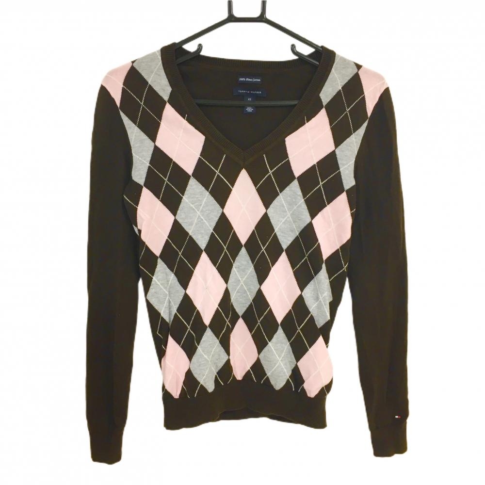 トミーヒルフィガー セーター ダークブラウン×ピンク アーガイル柄 レディース XS ゴルフウェア Tommy Hilfiger Golf