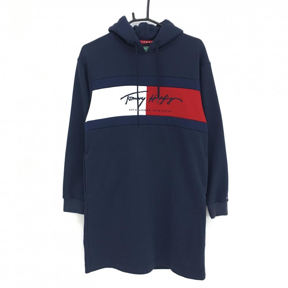 トミーヒルフィガーゴルフ フード付スウェットワンピース ネイビー×レッド フロントロゴ  レディース M ゴルフウェア Tommy Hilfiger Golf