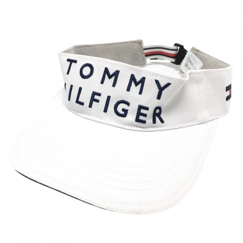 【美品】トミーヒルフィガー サンバイザー 白×ネイビー ロゴ刺しゅう 内側パイル地 54ｃｍ　フリー   ゴルフウェア Tommy Hilfiger Golf