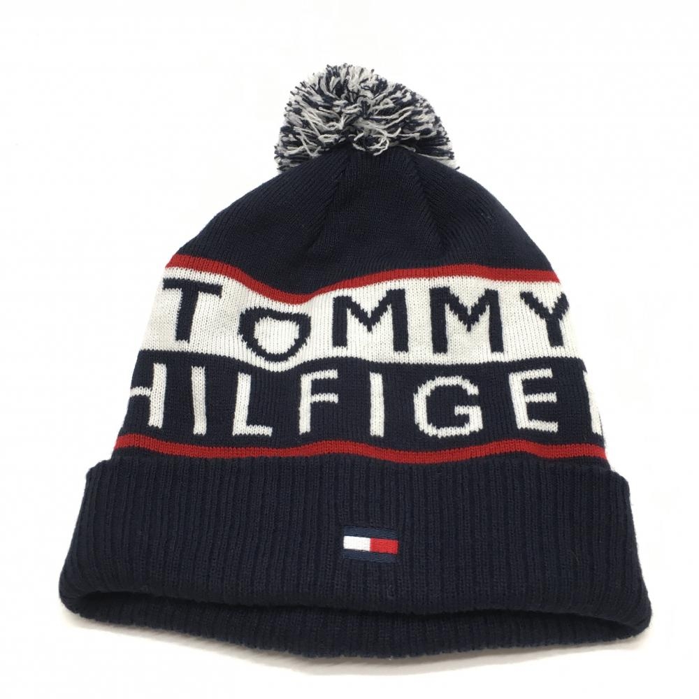 【超美品】トミーヒルフィガー ニット帽 ネイビー×白 アクリル100％ ボンボン付 56cmフリー ゴルフウェア Tommy Hilfiger Golf