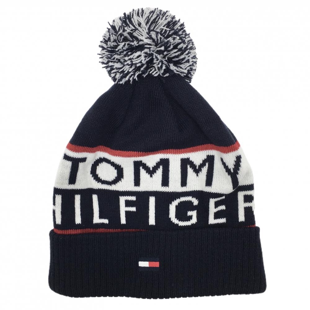 【新品】トミーヒルフィガーゴルフ ニット帽 ネイビー×白 アクリル100％ ボンボン付 56cm フリー ゴルフウェア Tommy Hilfiger Golf