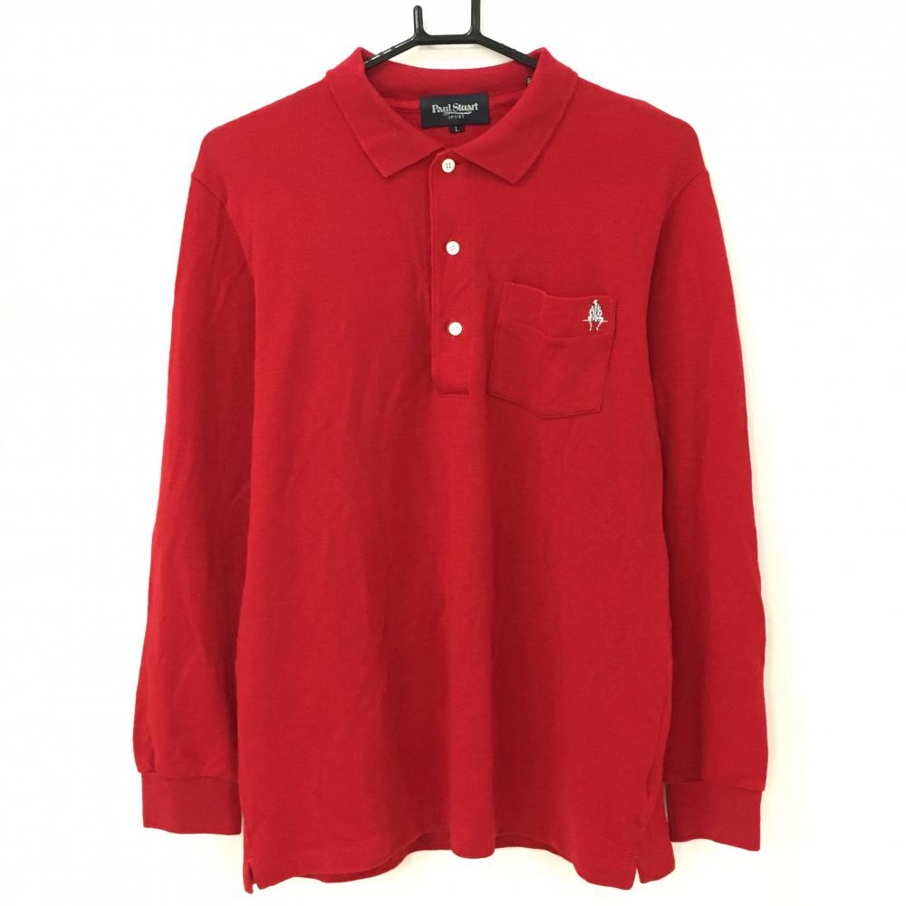 【美品】ポールスチュアートスポーツ 長袖ポロシャツ レッド×白 胸ポケット ウール100% メンズ L ゴルフウェア Paul Stuart SPORT