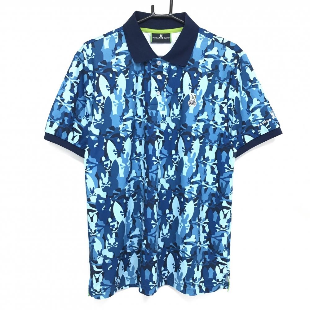 【超美品】サイコバニー 半袖ポロシャツ ブルー×ネイビー スカルラビット総柄 メンズ XL ゴルフウェア Psycho Bunny
