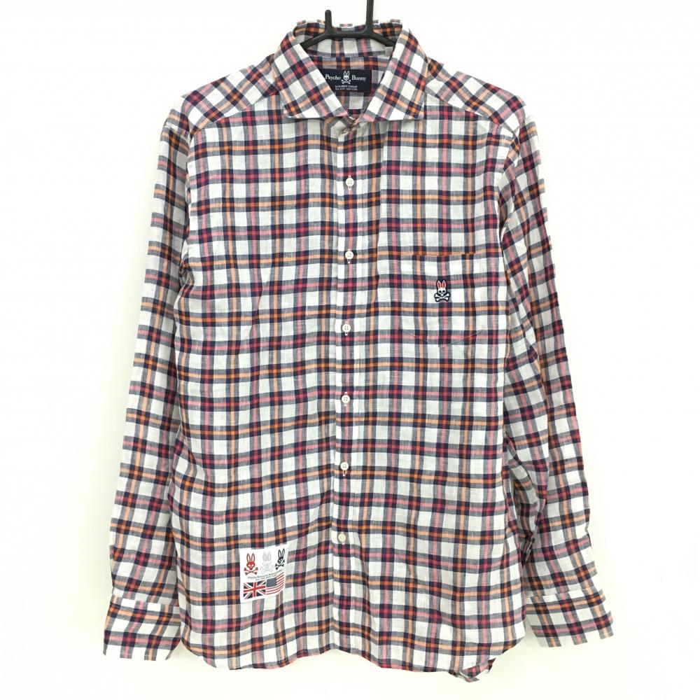 【超美品】サイコバニー 長袖シャツ 白×レッドピンク系×オレンジ チェック 麻100％ メンズ XL ゴルフウェア Psycho Bunny