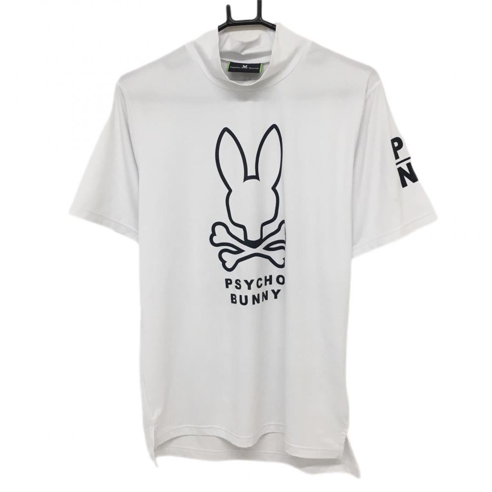 【超美品】サイコバニー 半袖ハイネックシャツ 白 ビッグロゴネイビー メンズ  ゴルフウェア Psycho Bunny