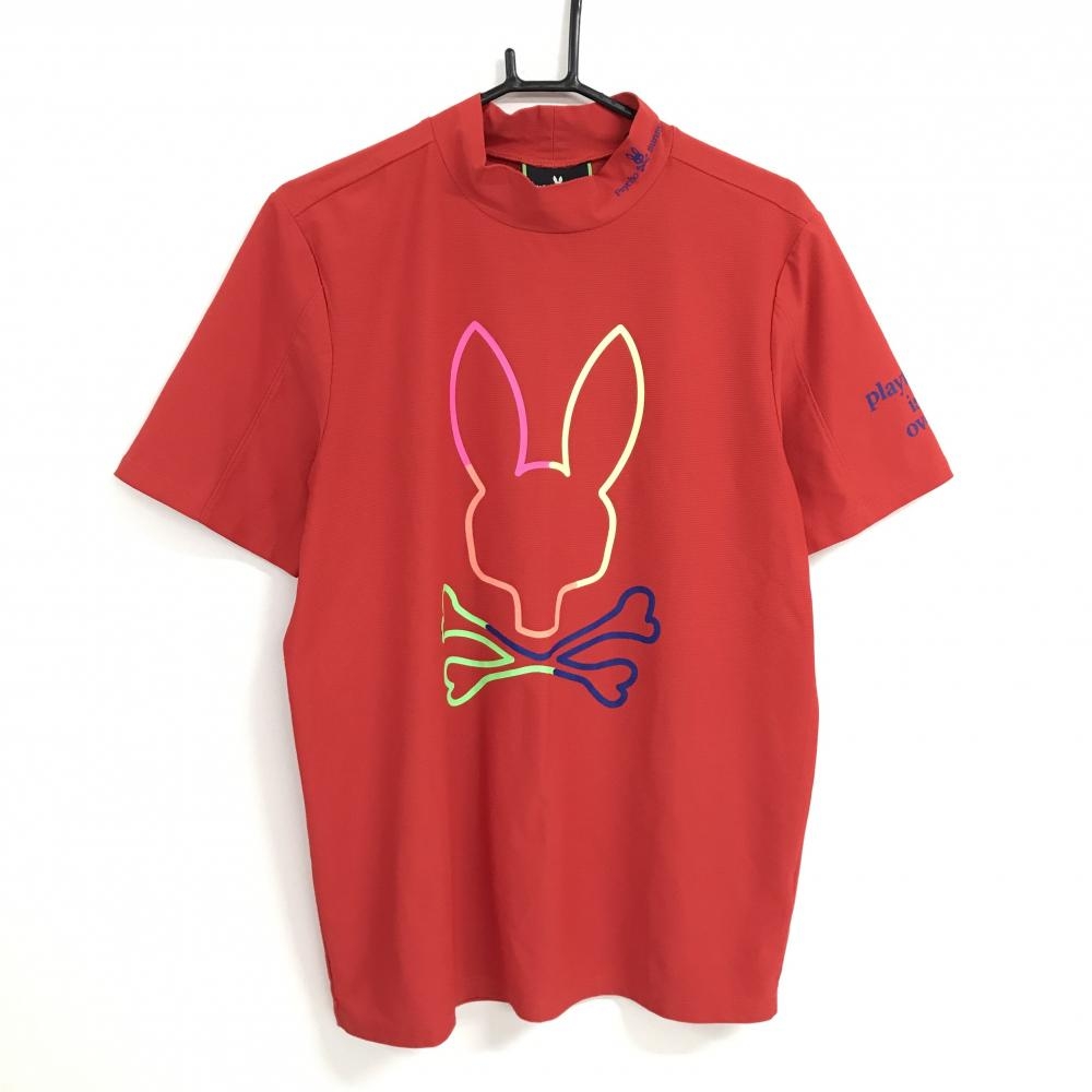 【美品】サイコバニー 半袖ハイネックシャツ レッド 蛍光ロゴ  メンズ XL ゴルフウェア Psycho Bunny