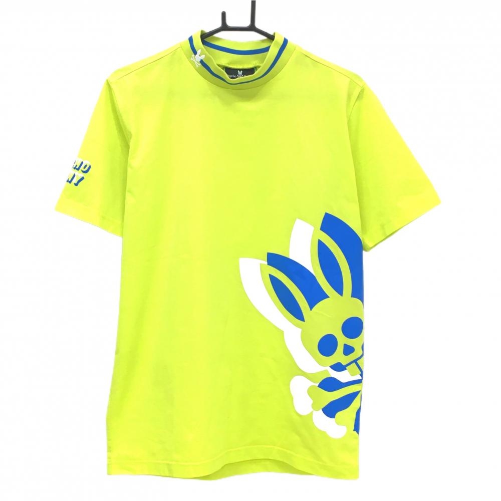 【美品】サイコバニー 半袖ハイネックシャツ ライトグリーン×ブルー ロゴプリント ネックライン メンズ L ゴルフウェア Psycho Bunny