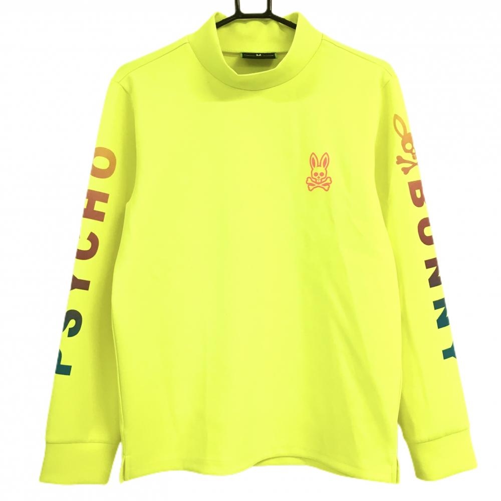 【超美品】サイコバニー 長袖ハイネックシャツ 蛍光イエロー×ピンク スカルラビット 袖ロゴ メンズ M ゴルフウェア Psycho Bunny