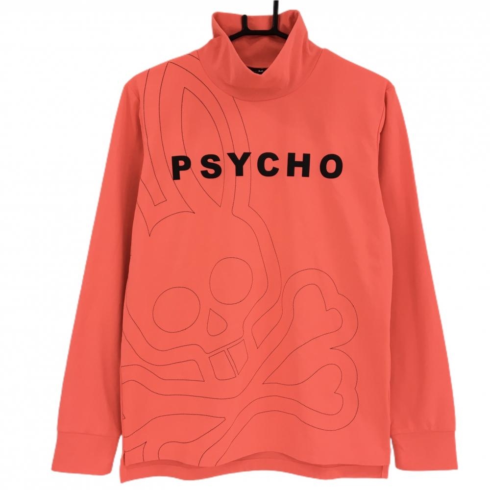 サイコバニー 長袖ハイネックシャツ 蛍光オレンジ×黒 ロゴ ストレッチ メンズ L ゴルフウェア Psycho Bunny