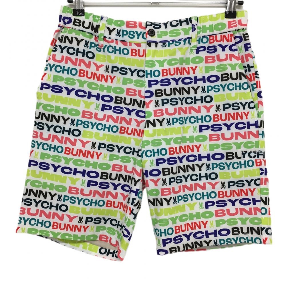 【超美品】サイコバニー ハーフパンツ 白×マルチ ロゴ総柄 裏地付き メンズ M ゴルフウェア PSYCHO BUNNY