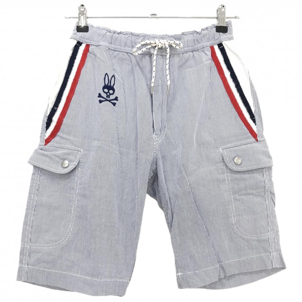 【美品】サイコバニー ハーフパンツ ネイビー×白 細目ストライプ メンズ S ゴルフウェア Psycho Bunny