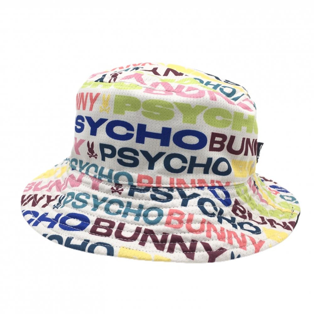 【美品】サイコバニー リバーシブルハット 白×マルチカラー ロゴ総柄 裏黒   ゴルフウェア Psycho Bunny